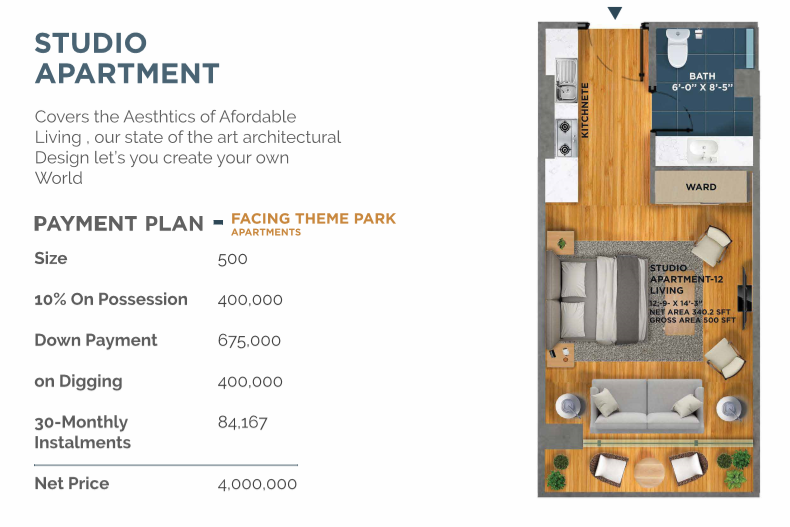 Studio Apartment in SQ Jinnah Heights - Payment Plan - Facing Theme Park - Bahria Town